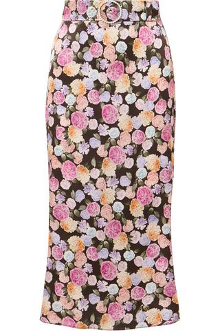 Art Dealer + Belted Floral-Print Satin Midi Skirt