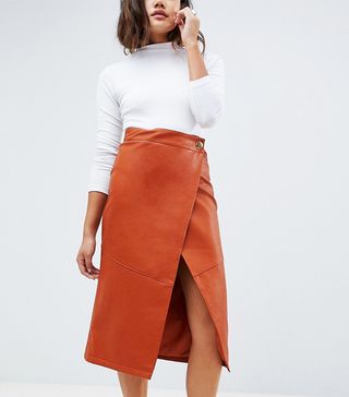 ASOS Design + Leather Look Wrap Midi Skirt