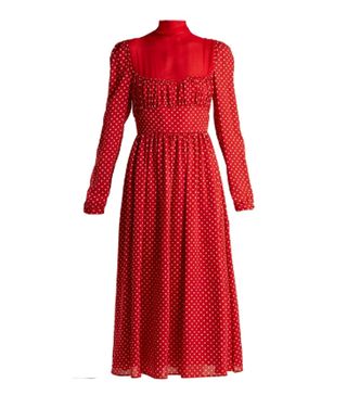 Valentino + Polka-Dot Silk-Georgette Dress