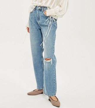 Topshop + Mid Blue Ripped New Boyfriend Jeans