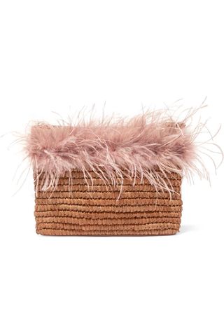 Loeffler Randall + Feather-Trimmed Straw Pouch