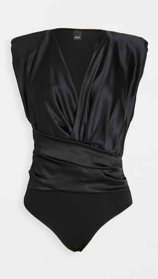 Else + Giselle Power Shoulder Silk Wrap Bodysuit