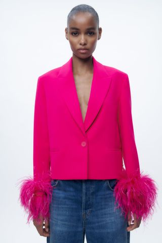 Zara + Cropped Blazer With Feathers