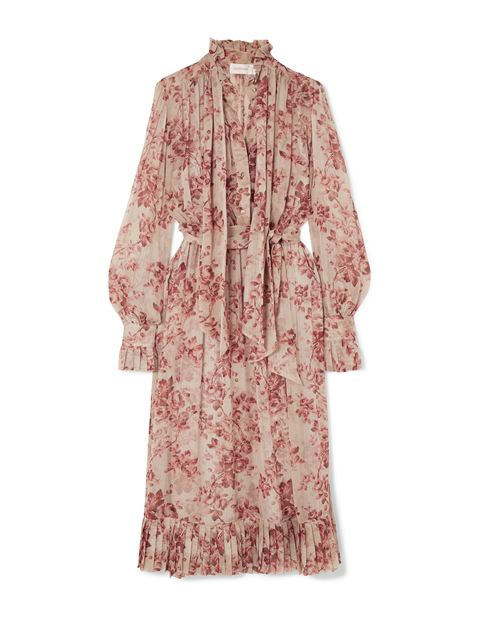 Zimmermann + Unbridled Pussy-Bow Floral-Print Silk-Georgette Midi Dress