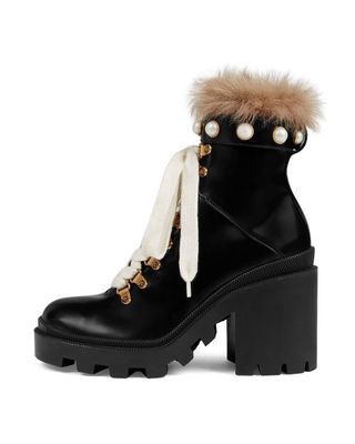 Gucci + Leather Combat Boots With Fur Trim
