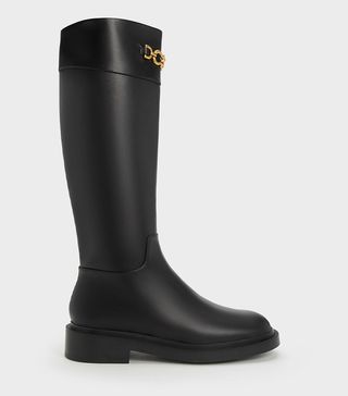 Charles 
Keith + Metallic Chain Accent Knee-High Boots