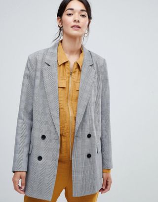 Vila + Rouched Sleeve Check Tailored Blazer