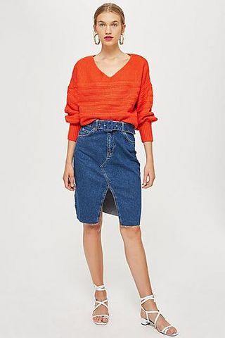 Topshop + Belted Denim Midi Skirt