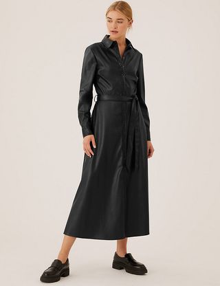 Marks & Spencer + Faux Leather Belted Midi Shirt Dress