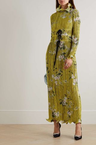 Erdem + Namiba Open-Back Ruffled Floral-Print Plissé-Satin Maxi Dress