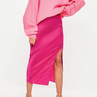 Missguided + Pink Satin Slip Midi Skirt