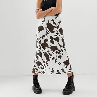 ASOS + Bias Cut Midi Slip Skirt in Cow Print