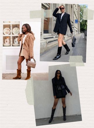 a collage showing what to wear with cowboy boots