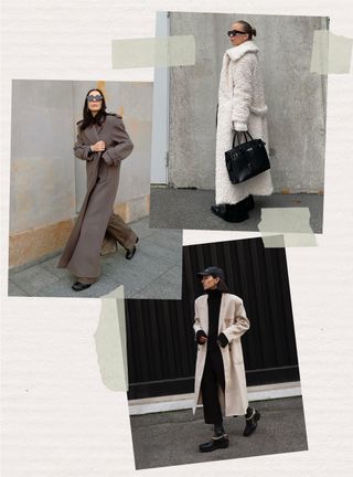 A collage of women wearing simple coats with cowboy boots.