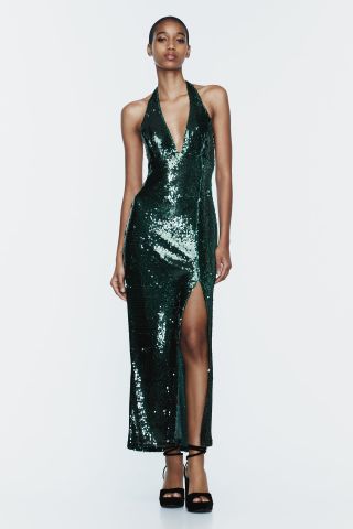 Zara + Sequinned Halter Neck Dress