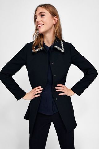 Zara + Frock Coat With Faux Pearl Collar