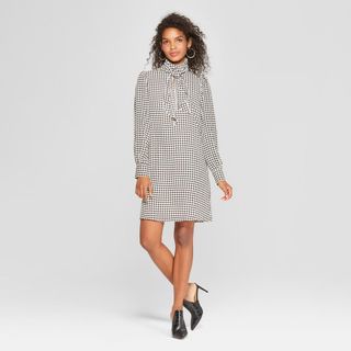 Who What Wear x Target + Floral Print Long Sleeve Tie Neck Mini Dress