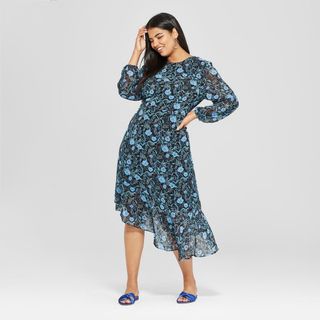 Who What Wear x Target + Floral Print Long Sleeve Waterfall Hem Dress