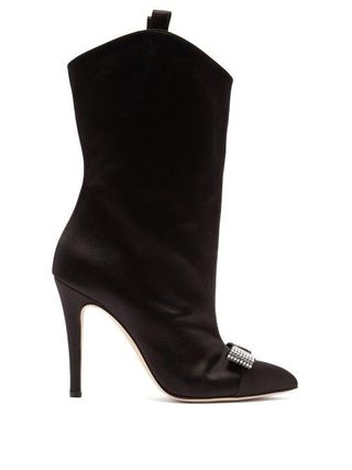 Alessandra Rich + Crystal Bow Embellished Western Satin Ankle Boots