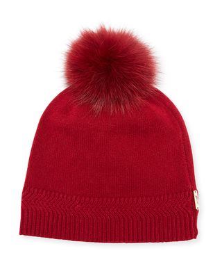 Gorski + Knit Cashmere Beanie Hat w/ Fur Pompom