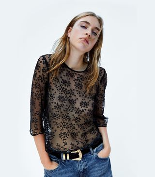 Zara + Embroidered Tulle Top