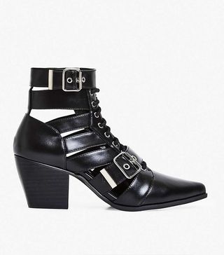 Ego + Cotto Cutout Lace Up Ankle Western Boot in Black Faux Leather