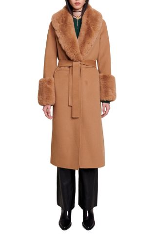 Maje + Wool Blend Belted Coat With Faux Fur Trim