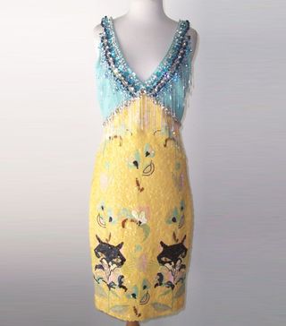 Miu Miu + Blue Yellow Crystal Jeweled Beaded Sequin Fringe Dress