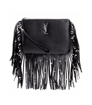Yves Saint Laurent + Monogram Black Leather Fringe Beaded Pouch Bag Clutch