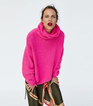 Zara + New AW 2018 Oversized Sweater Roll Neck Neon Pink