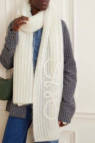 Loewe + Anagram Embroidered Ribbed Mohair-Blend Scarf