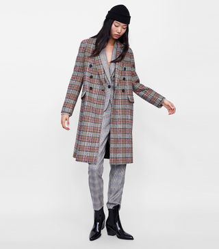 Zara + Double-Breasted Plaid Coat