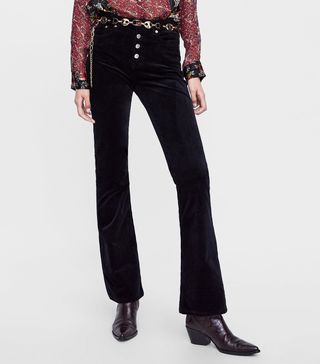 Zara + ZW Premium High Waist Fly Button Jeans In Black Corduroy