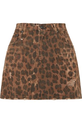 R13 + Distressed Leopard-print Denim Mini Skirt