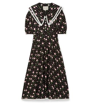 Sandy Liang + Fran Lace-Trimmed Printed Silk Crepe de Chine Midi Dress