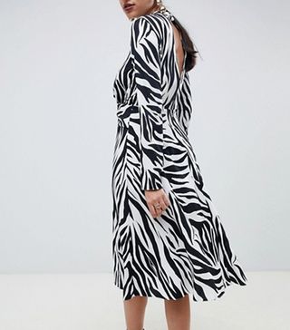 ASOS Design + High-Neck Cutout Midi Dress in Zebra Print With Long Sleeves