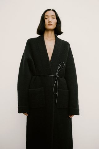 Zara + Belted Wool Blend-Knit Coat