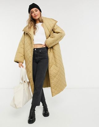 Asos Design + Longline Diamond Quilted Maxi Coat in Stone