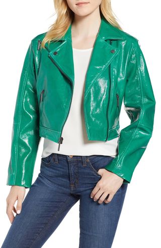 Kenneth Cole + Crop Patent Leather Moto Jacket