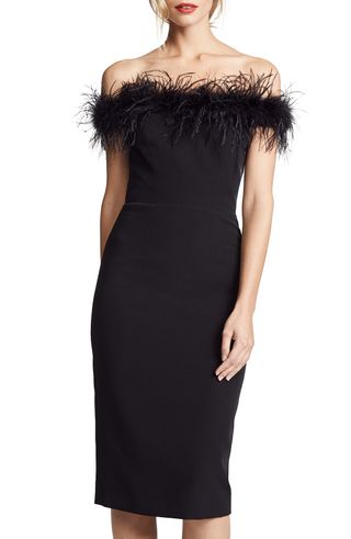 Likely + Presley Feather Trim Strapless Gown