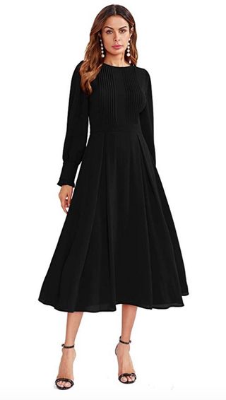 Milumia + Elegant Frilled Long Sleeve Pleated Fit & Flare Dress