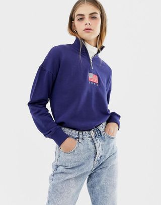Daisy Street + Relaxed Sweatshirt With Half Zip and Flag Embroidery