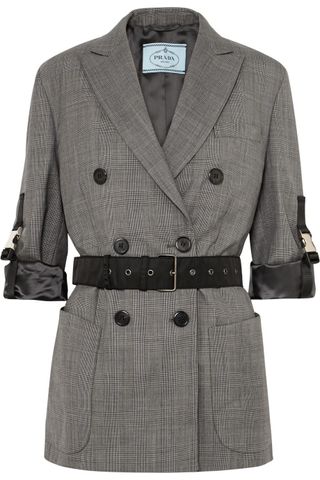 Prada + Belted Double-Breasted Checked Wool Blazer