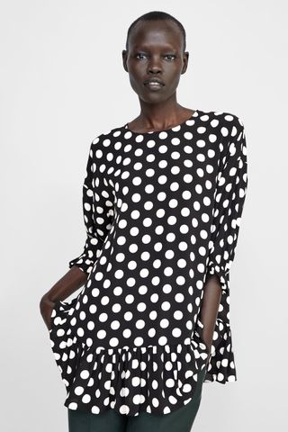 Zara + Polka Dot Oversized Blouse with Ruffles