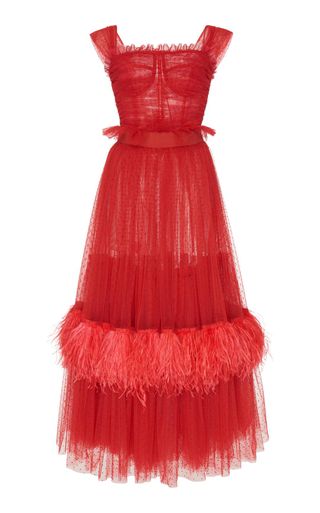 Dolce & Gabbana + Feather-Embellished Tulle Midi Dress