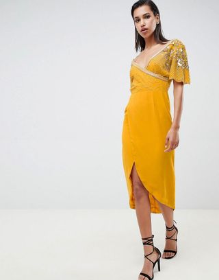 Virgos Lounge + Julisa Embellished Wrap Midi Dress in Mustard
