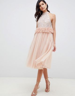 ASOS Design + Embellished Sequin Tulle Midi Dress With Faux Feather Trim
