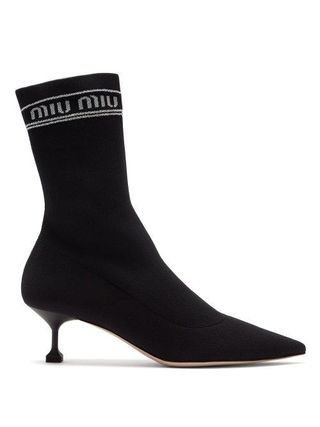 Miu Miu + Logo Intarsia Knit Sock Ankle Boots in Black
