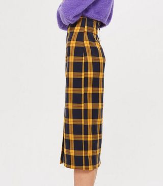 Topshop + Yellow Check Pencil Midi Skirt