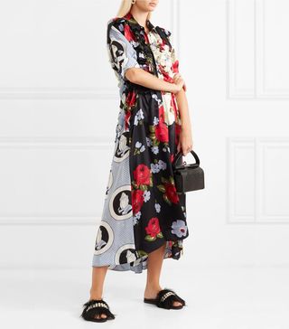 Simone Rocha + Bow-Embellished Ruffled Printed Silk-Satin Midi Dress